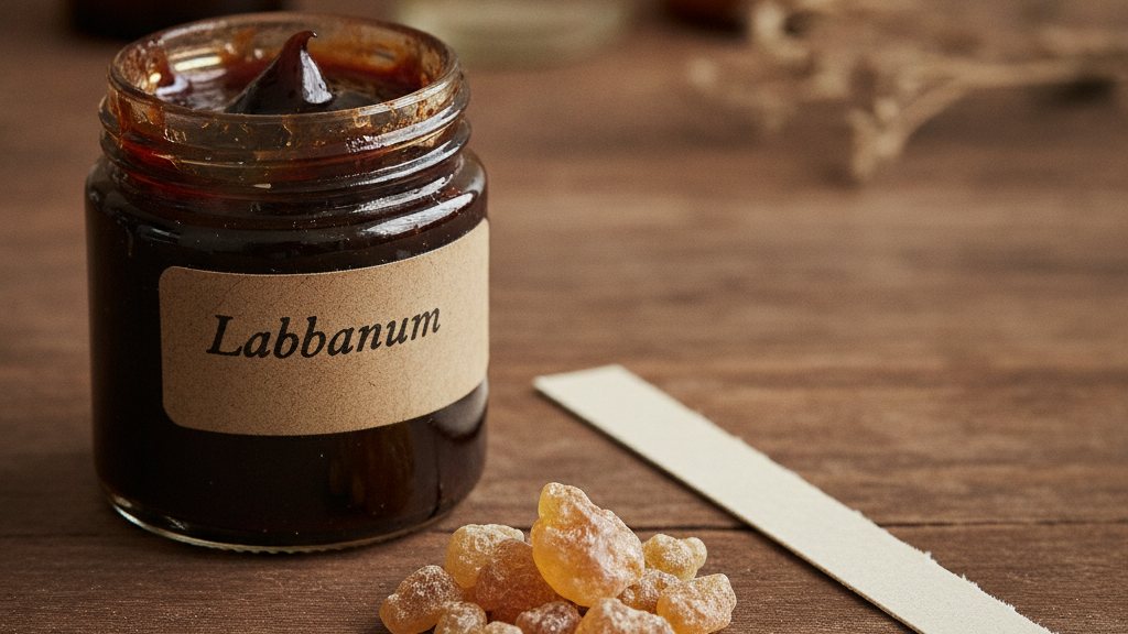 A jar of dark sticky labdanum next to golden benzoin tears and a perfumer's blotter, close-up