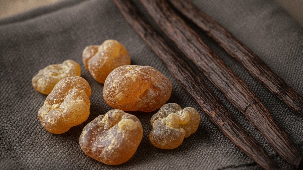 Benzoin resin tears beside split vanilla pods on dark linen, macro photograph