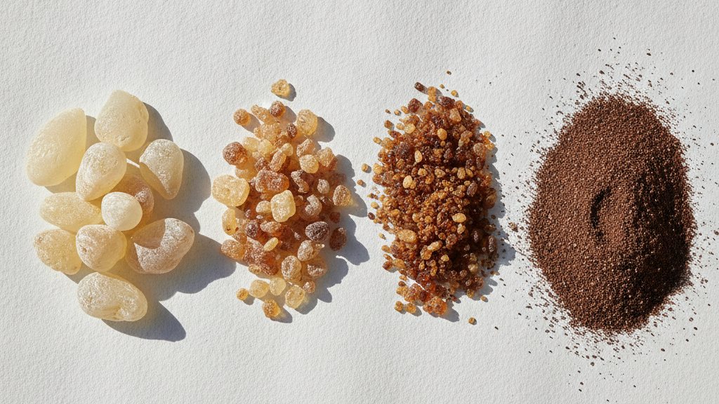 Four small piles of benzoin resin sorted by grade from large pale tears to dark dust on white paper, overhead