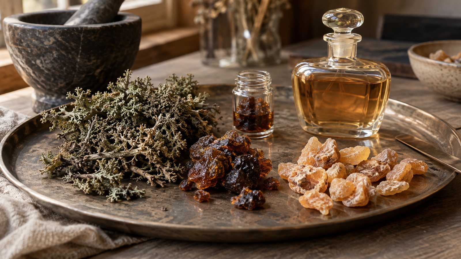 Oakmoss, labdanum and benzoin samples arranged on a perfumer's tray with a vintage bottle