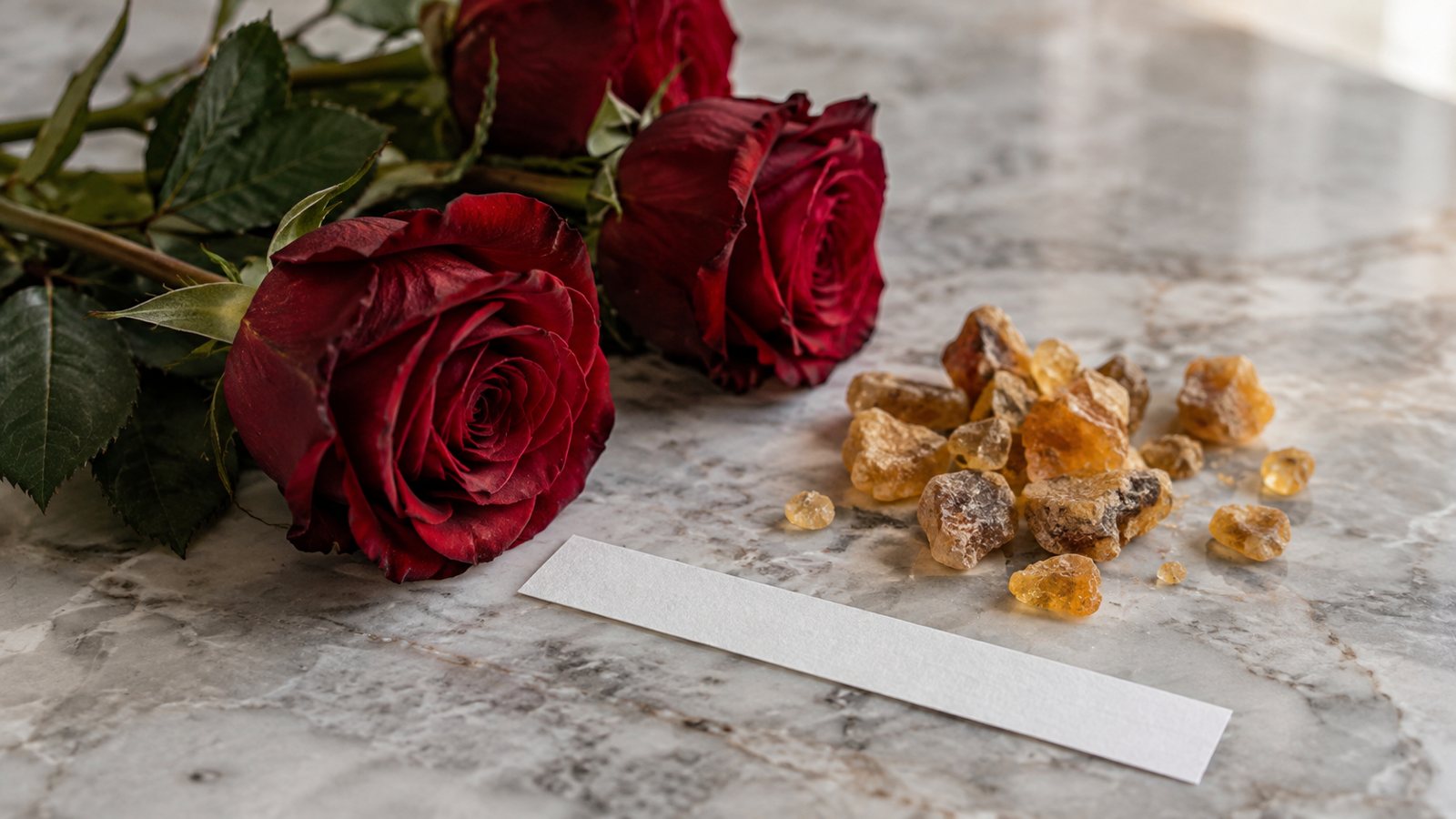 Fresh dark red roses beside golden benzoin tears and a blotter on marble