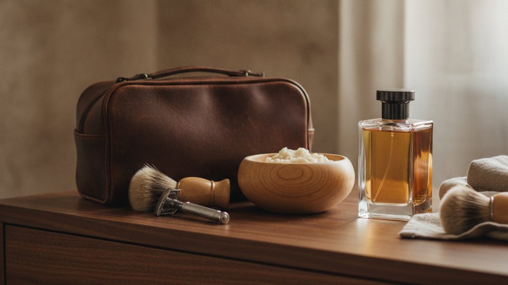 Dark leather, a wooden shaving bowl and a perfume bottle with amber liquid on a walnut dresser
