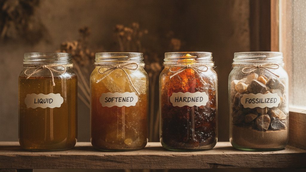 Four labelled jars of resin in different conditions on a shelf, one in sunlight