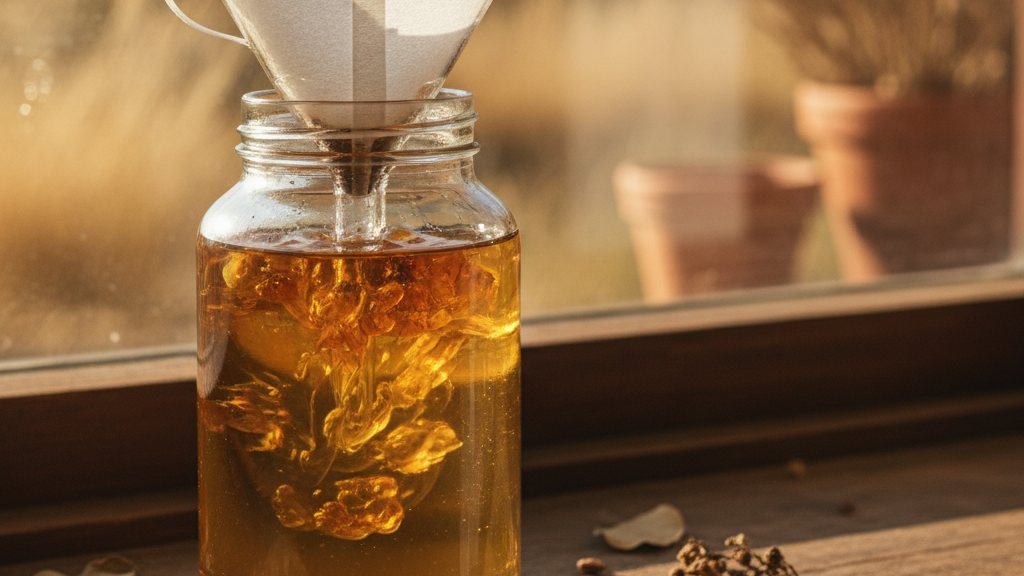 Glass jar of benzoin tears macerating in clear alcohol on a windowsill with a coffee filter and funnel