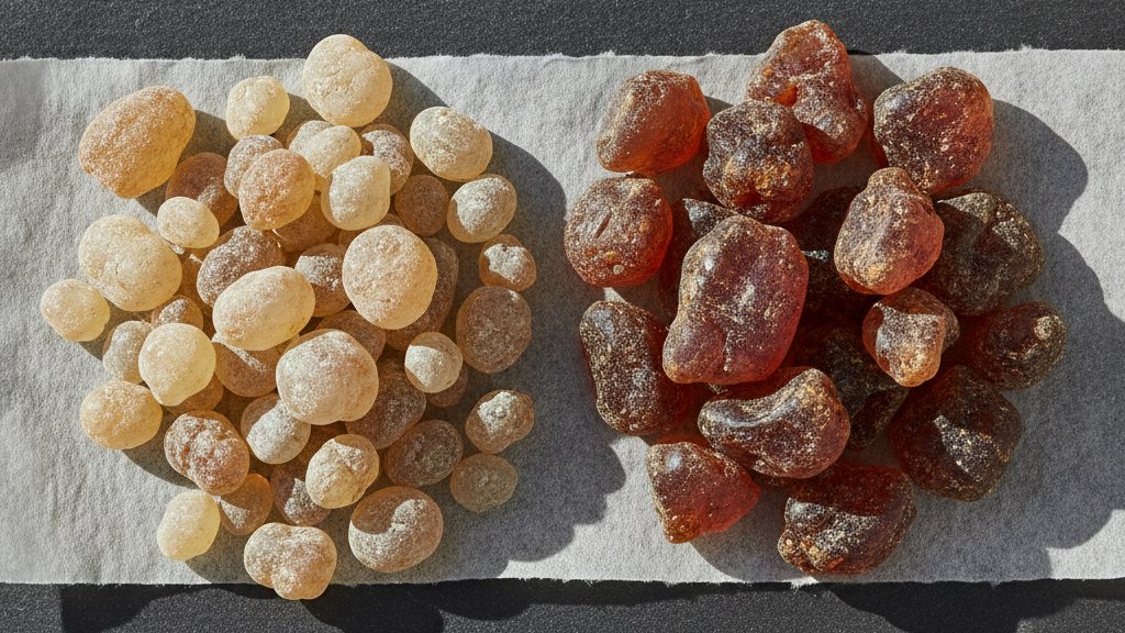 Pale benzoin tears and amber tolu balsam pieces side by side on slate with a blotter