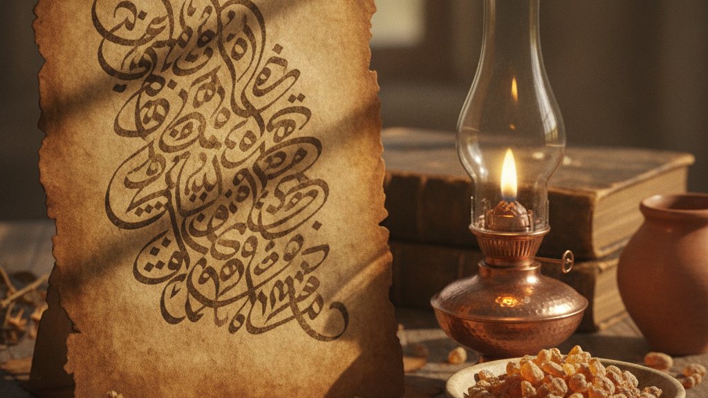 Old manuscript page with Arabic and Latin script beside a dish of resin tears, warm lamp light