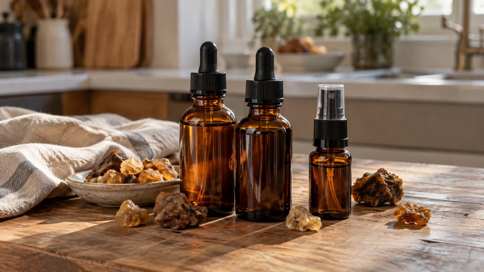 Two tincture jars and a small spray bottle on a kitchen table with resin pieces