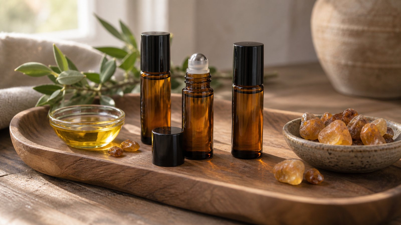 Roll-on oil bottles with resin tears and jojoba oil on a wooden tray