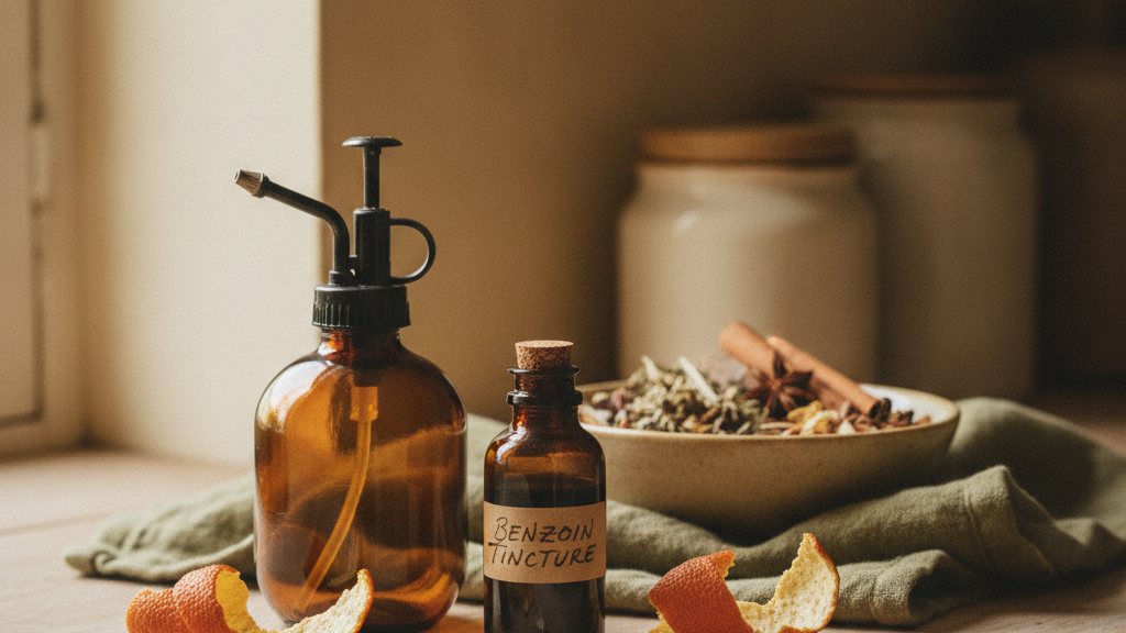 Amber glass spray bottle beside benzoin tincture and orange peel on a kitchen counter