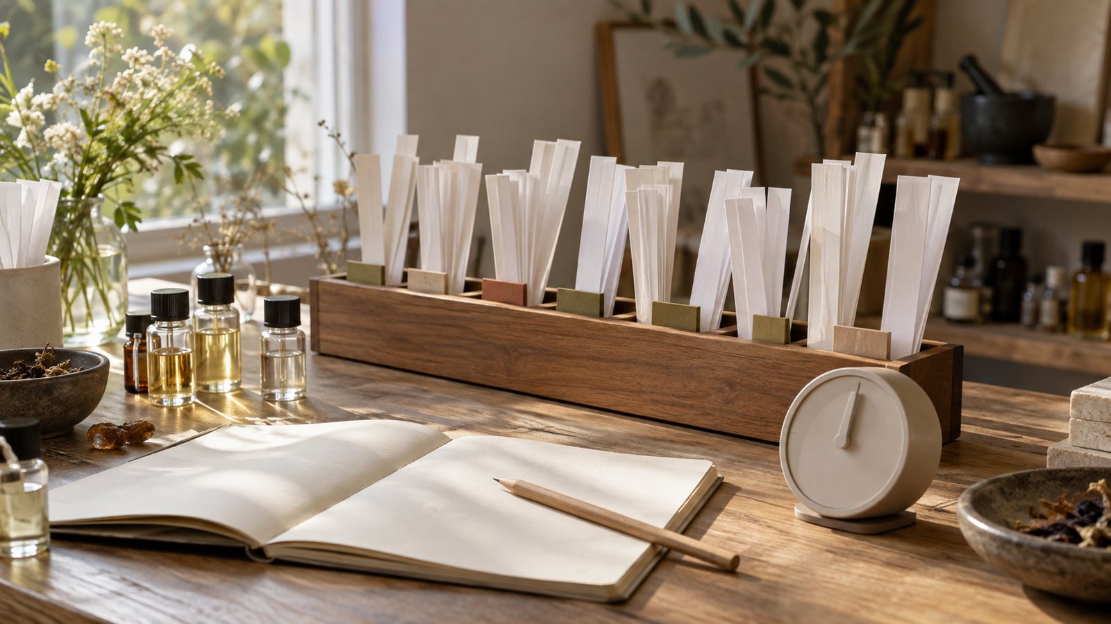 Rack of labelled blotter strips with a timer and a notebook on a perfumer's desk