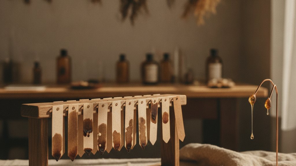 Perfume blotters in a rack at different stages of drying next to resin tears, atelier light