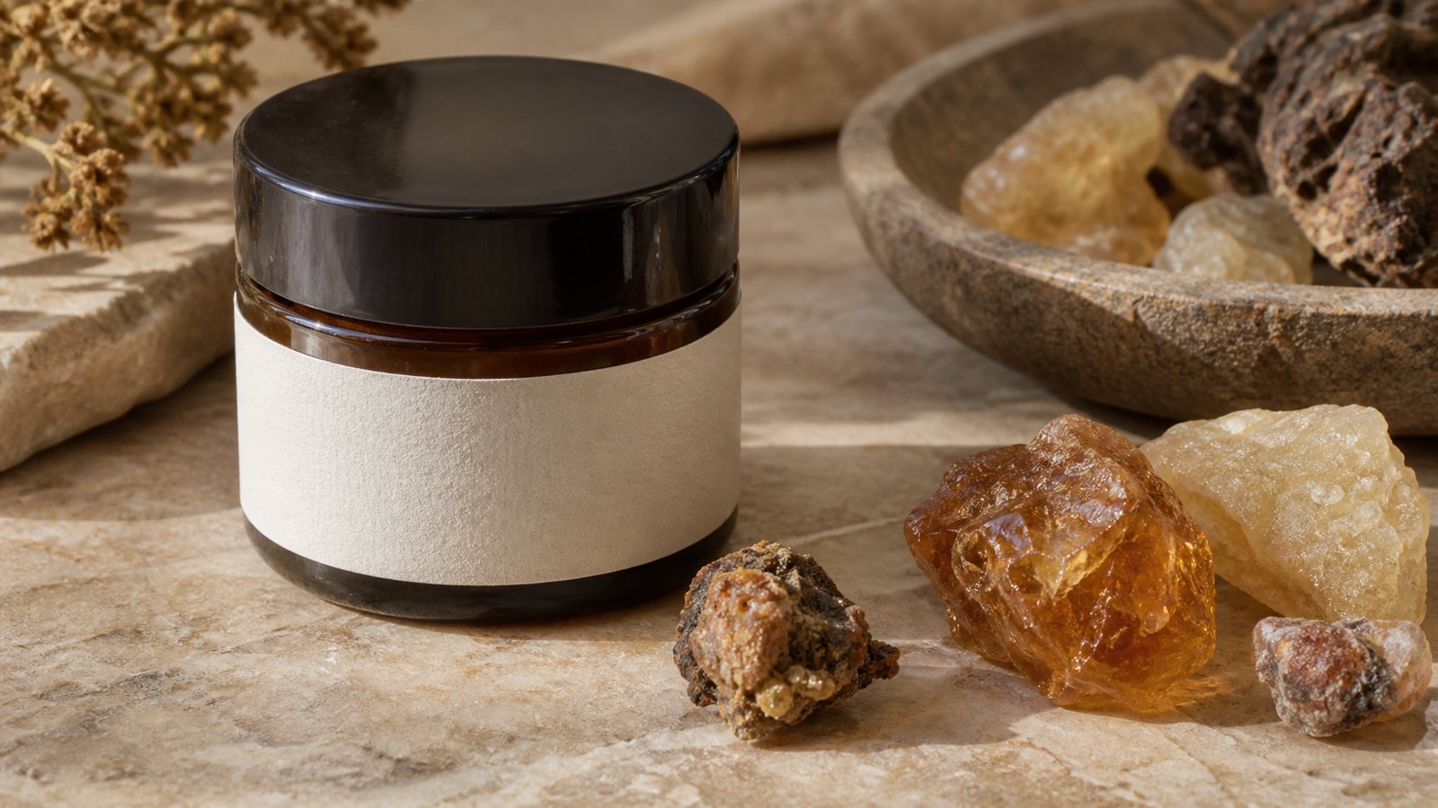 Cosmetic label close-up listing allergens beside resin samples