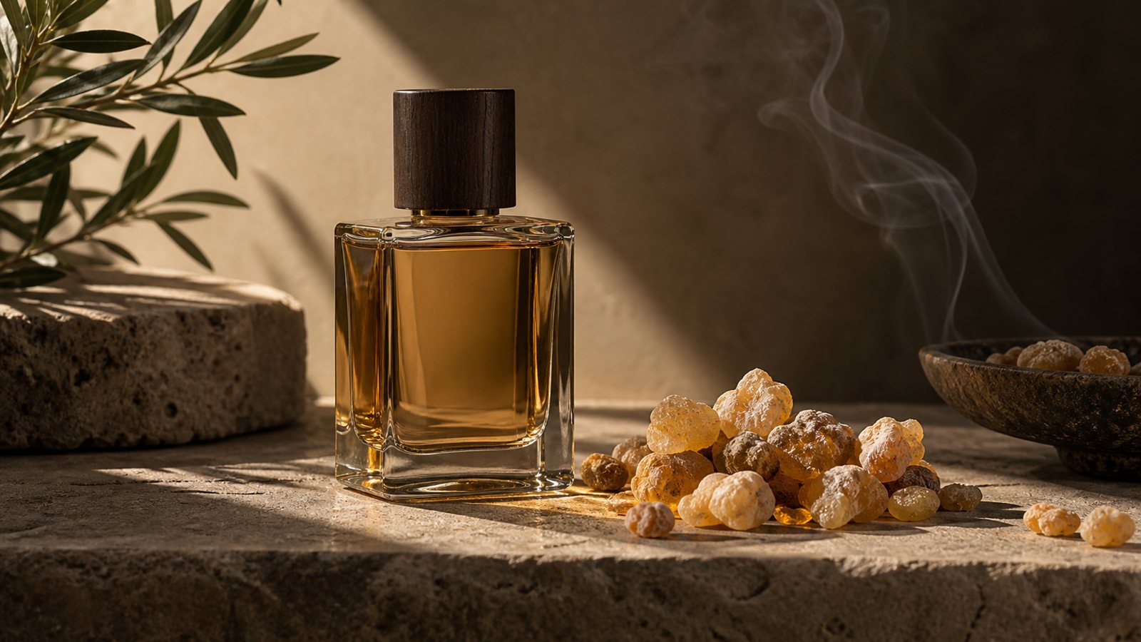 Perfume bottle beside frankincense tears with a thin plume of smoke, moody studio