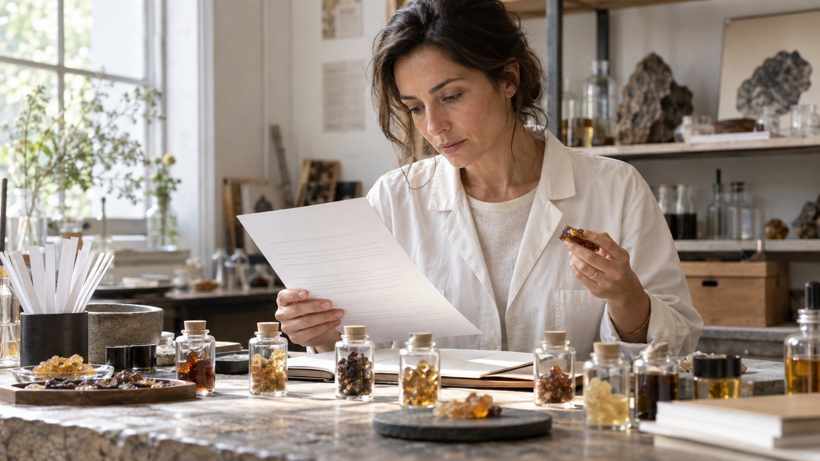 Perfumer reviewing a printed standards document at a bench with resin vials
