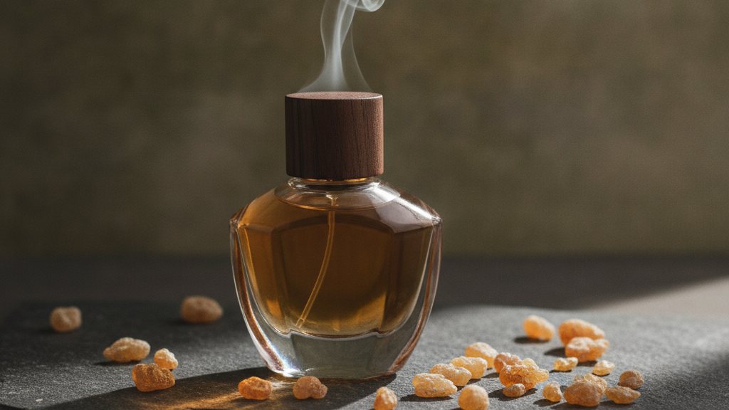 Perfume bottle with smoke rising beside it and frankincense tears on dark stone, moody