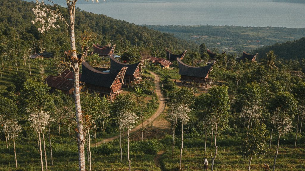 Batak highland village in North Sumatra with benzoin garden trees and Lake Toba in the distance, documentary photograph