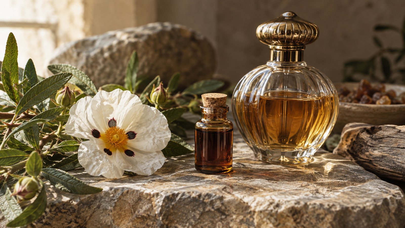 Labdanum absolute vial with rock rose flowers and a vintage perfume bottle
