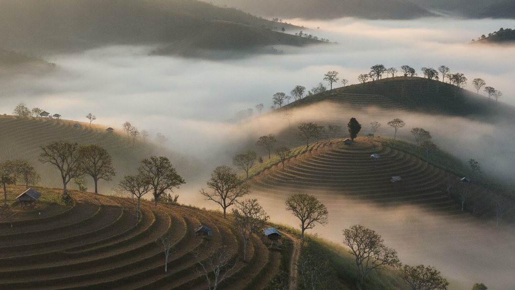 Upland landscape in northern Laos with Styrax trees on terraced hillsides in morning mist