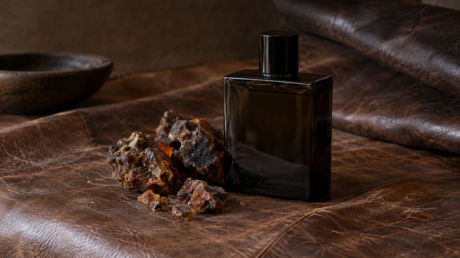 Dark myrrh lumps and a black perfume flacon on aged leather