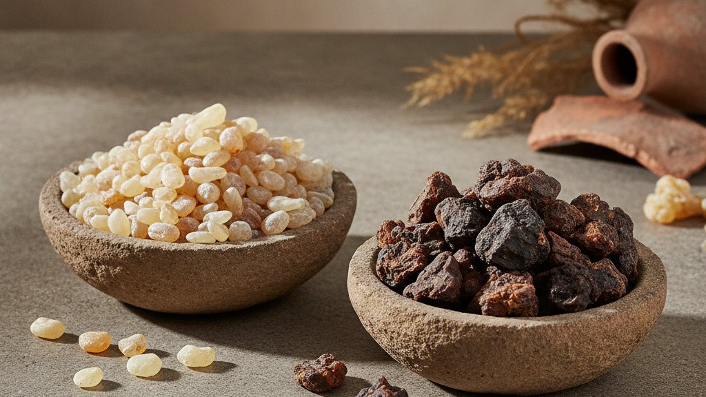 Two bowls side by side, pale frankincense tears and dark myrrh lumps, on a stone table