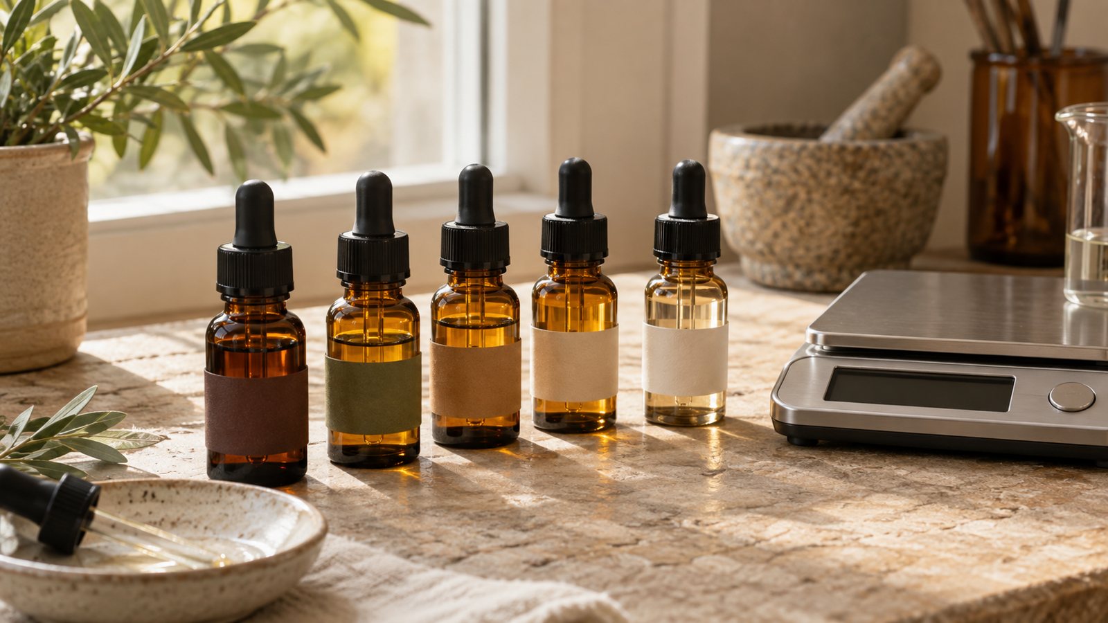 Row of small dropper bottles with dilution labels and a precision scale