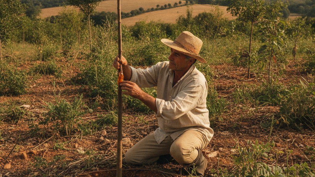 Smallholder farmer inspecting a young resin tree in an agroforestry plot, documentary style
