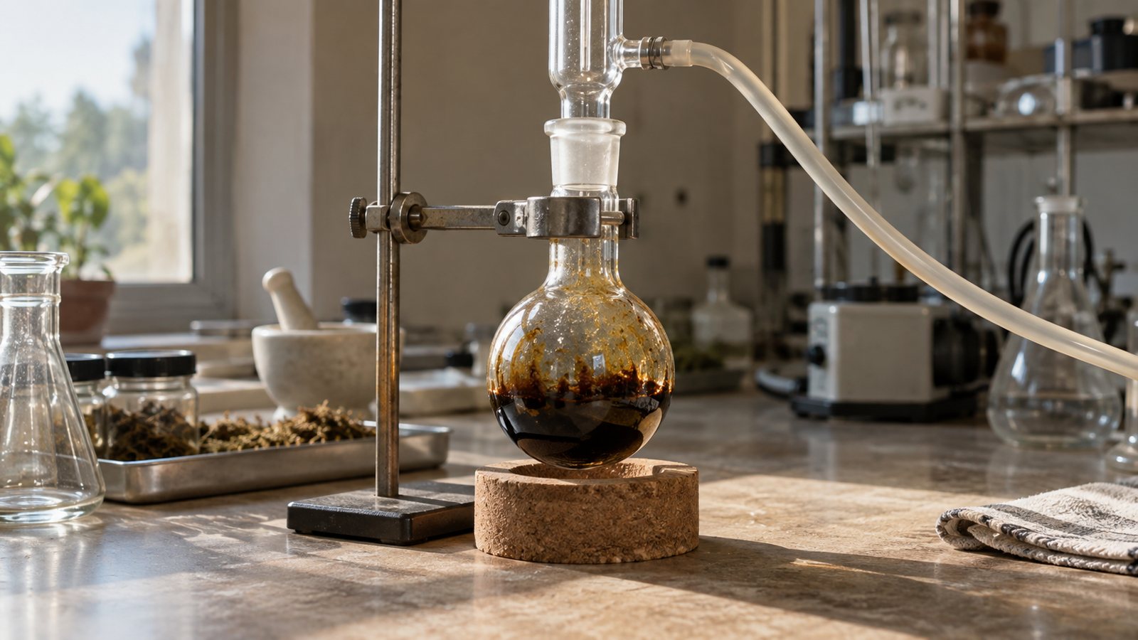Small-scale extraction glassware holding dark resinoid in a flask, laboratory setting.