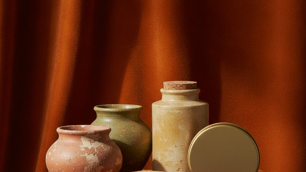 Antique ointment jars and a modern solid perfume tin on velvet, museum still life