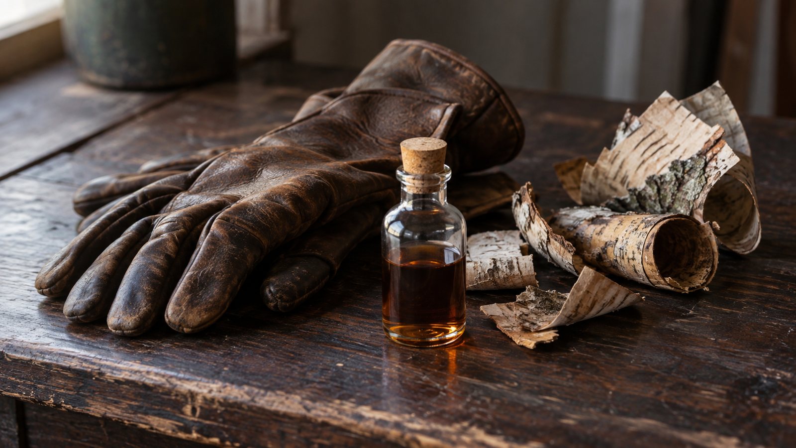 Leather gloves, birch bark and a vial of storax on a dark wooden table
